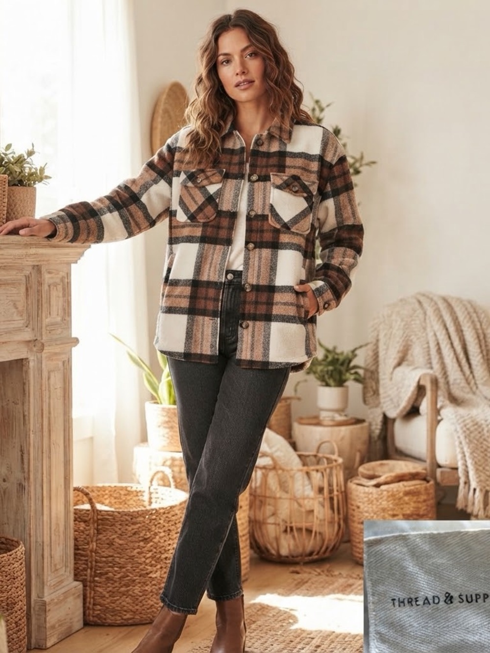 Thread & Supply Women's Brown Plaid Fleece Shacket Jacket Medium M Button Down